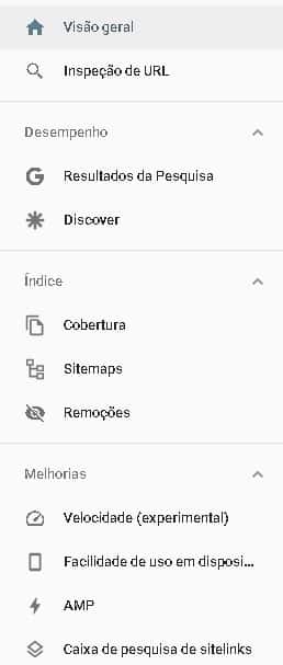 menu discover no painel do search console