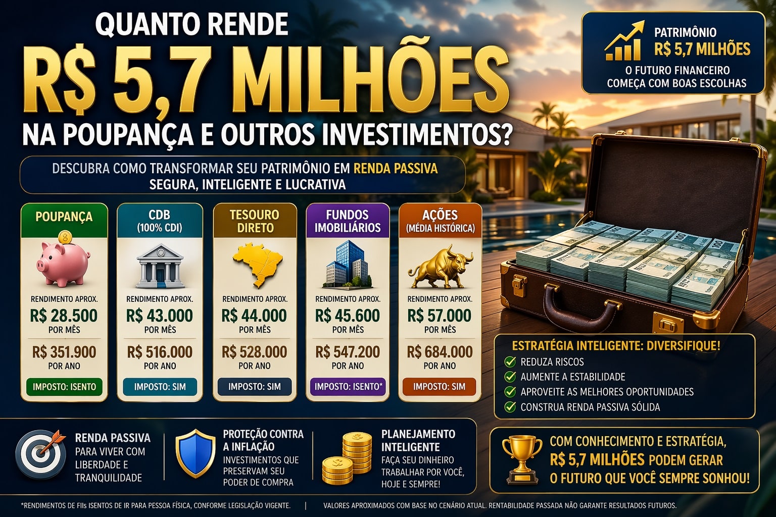 Quanto rende 5,7 milhões na poupança e investimentos? Veja comparações reais e descubra como gerar renda passiva com segurança no Brasil.